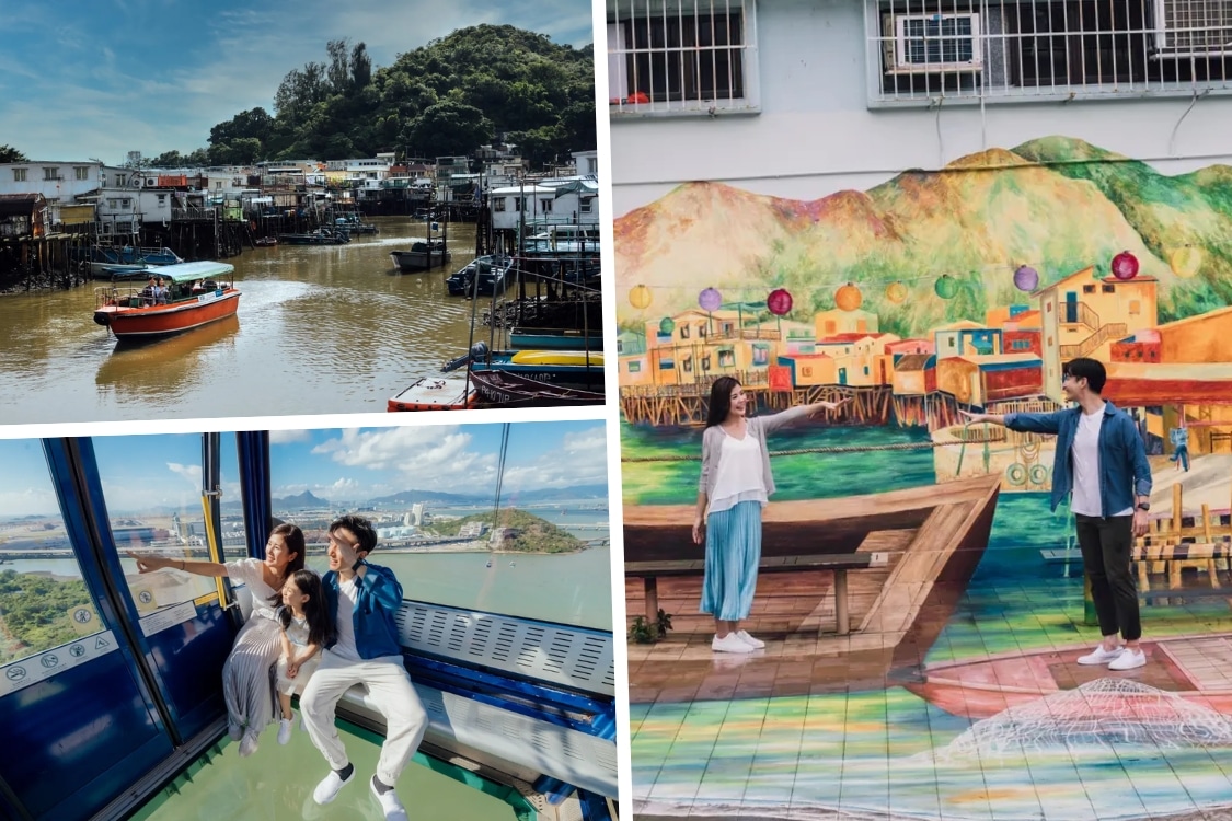 ngong ping cable car, tai o stilt hourses and mural