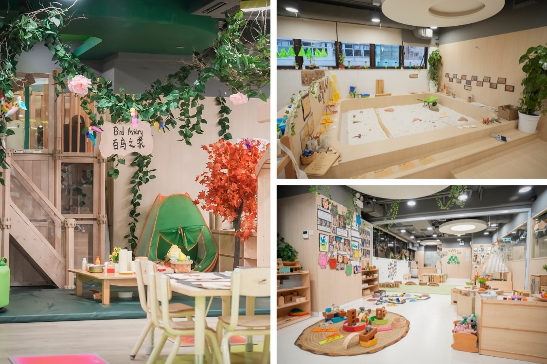 a collage showing the areas of learning and development between the classrooms